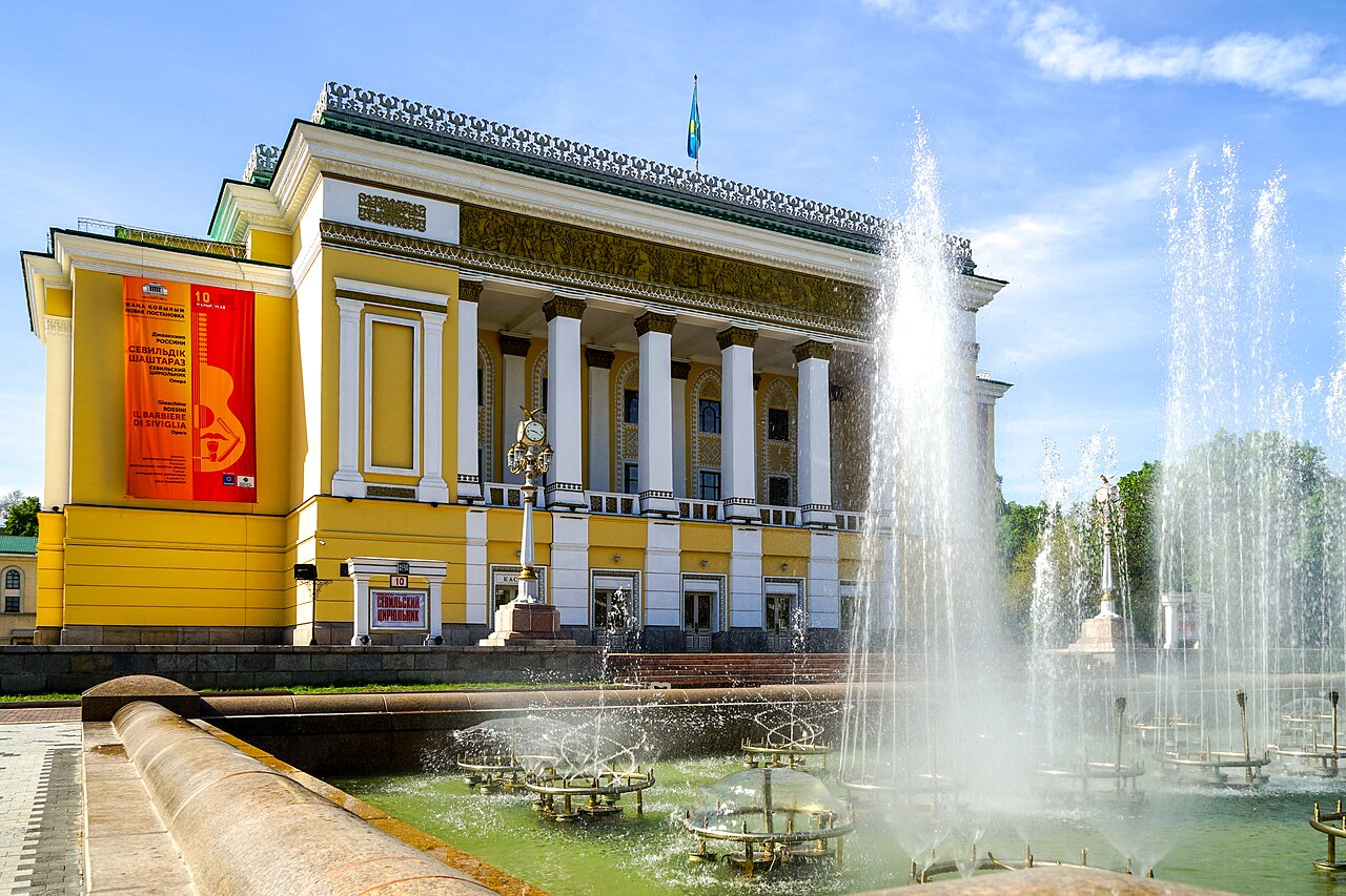 Abay Theatre and its fountains in Almaty. Archive photograph from 2019.