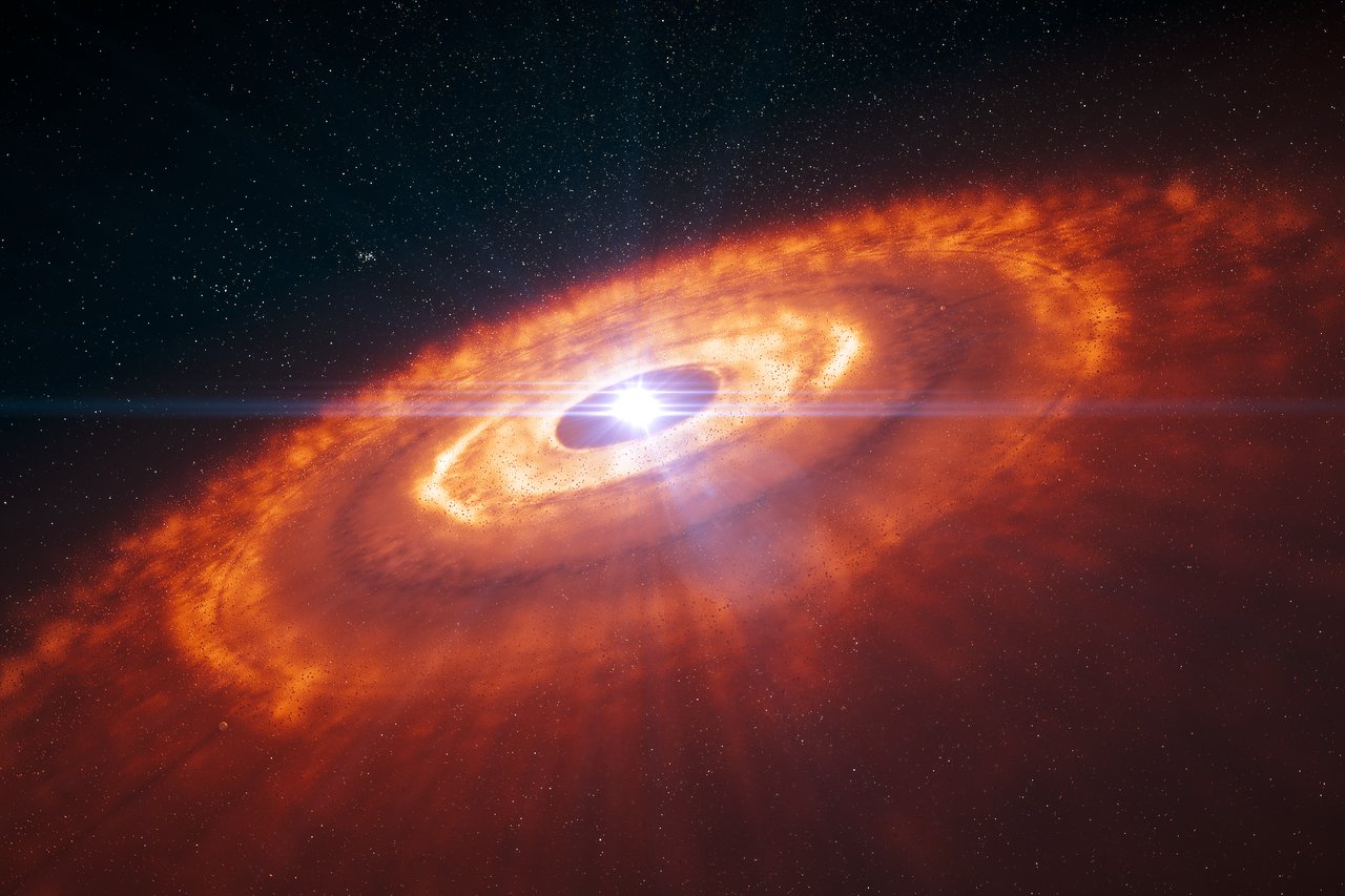 An artist’s impression of a protoplanetary disc. A general illustration, not a photograph or a reconstruction of the Elias 2-24 system.